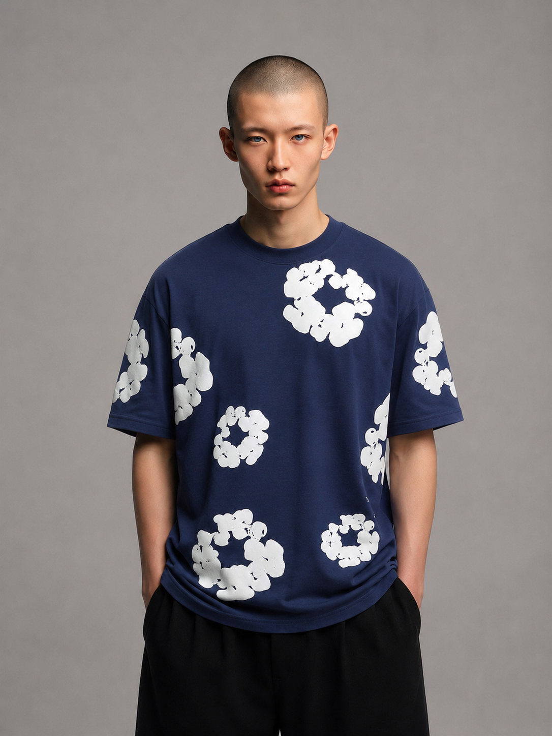 Puff Floral Printed T-Shirt | DARK BLUE