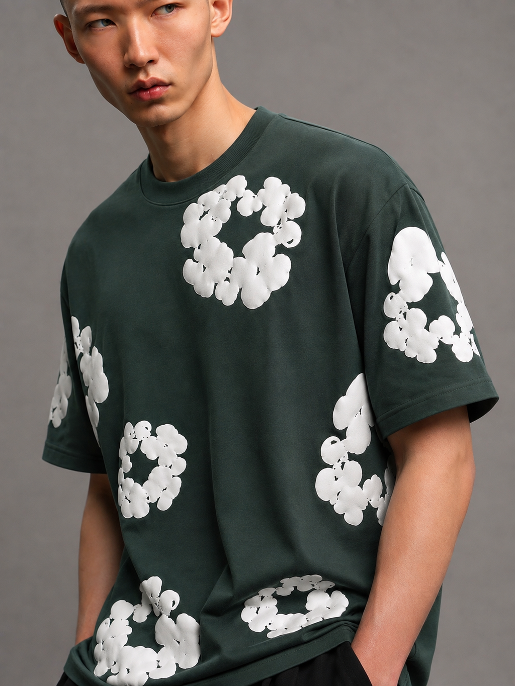 Puff Floral Printed T-Shirt | DARK GREEN