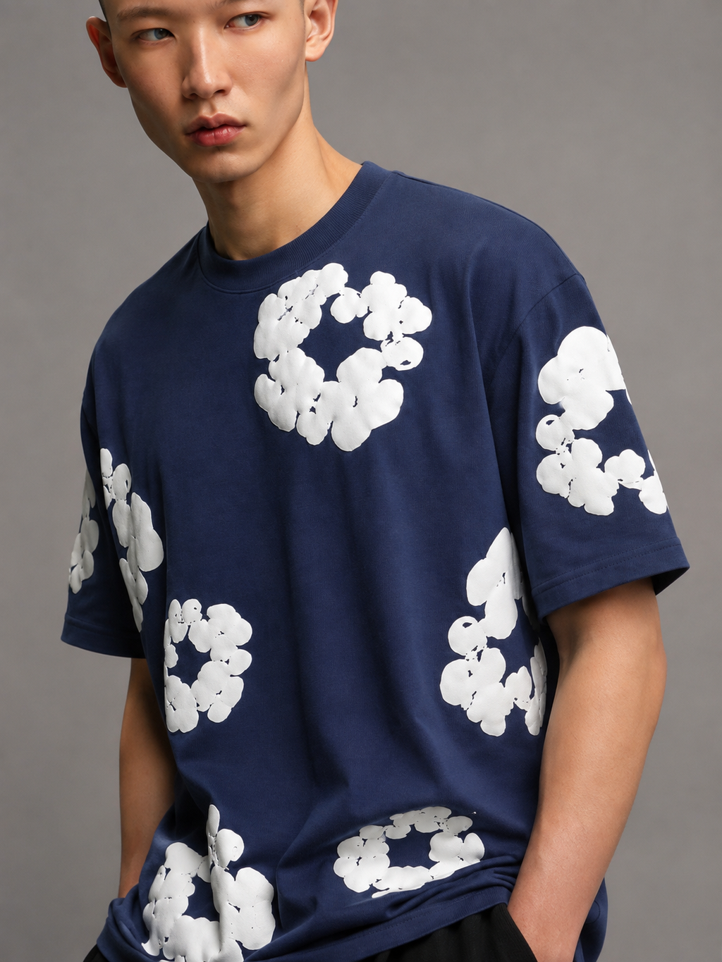 Puff Floral Printed T-Shirt | DARK BLUE