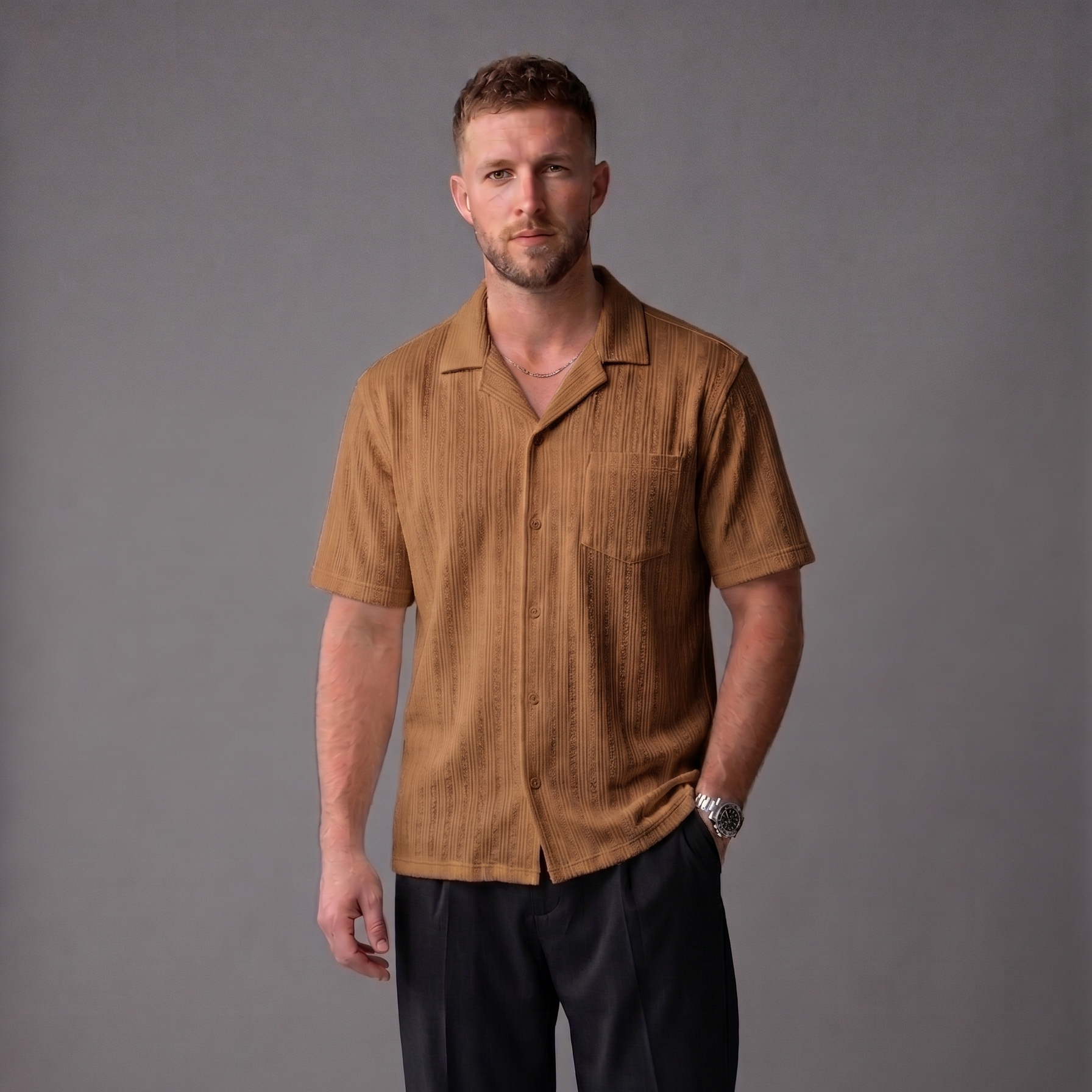 ZARA Oversized Textured Cuban Button Down - CAMEL