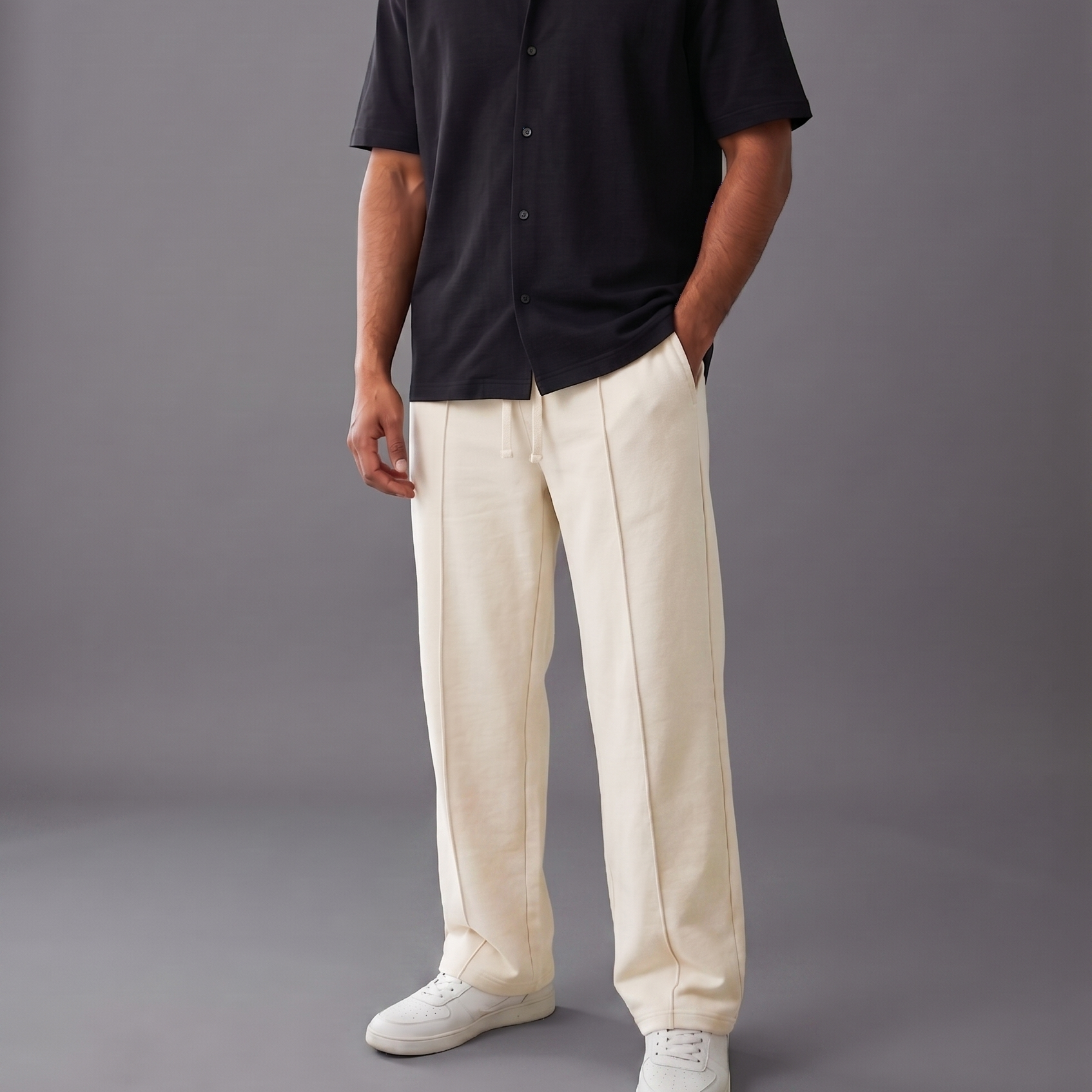 BERSHKA Baggy Trouser - CREAM WHITE