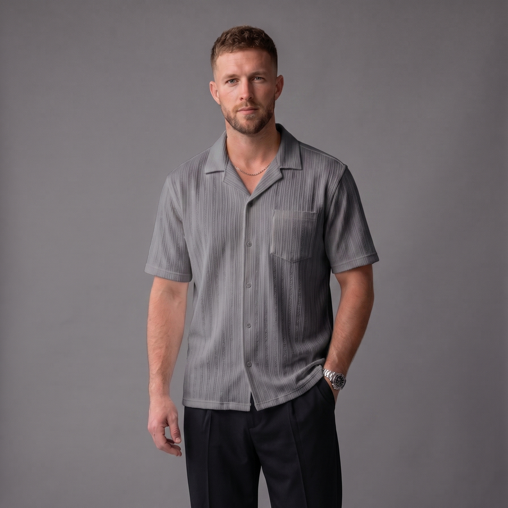 ZARA Oversized Textured Cuban Button Down - GREY