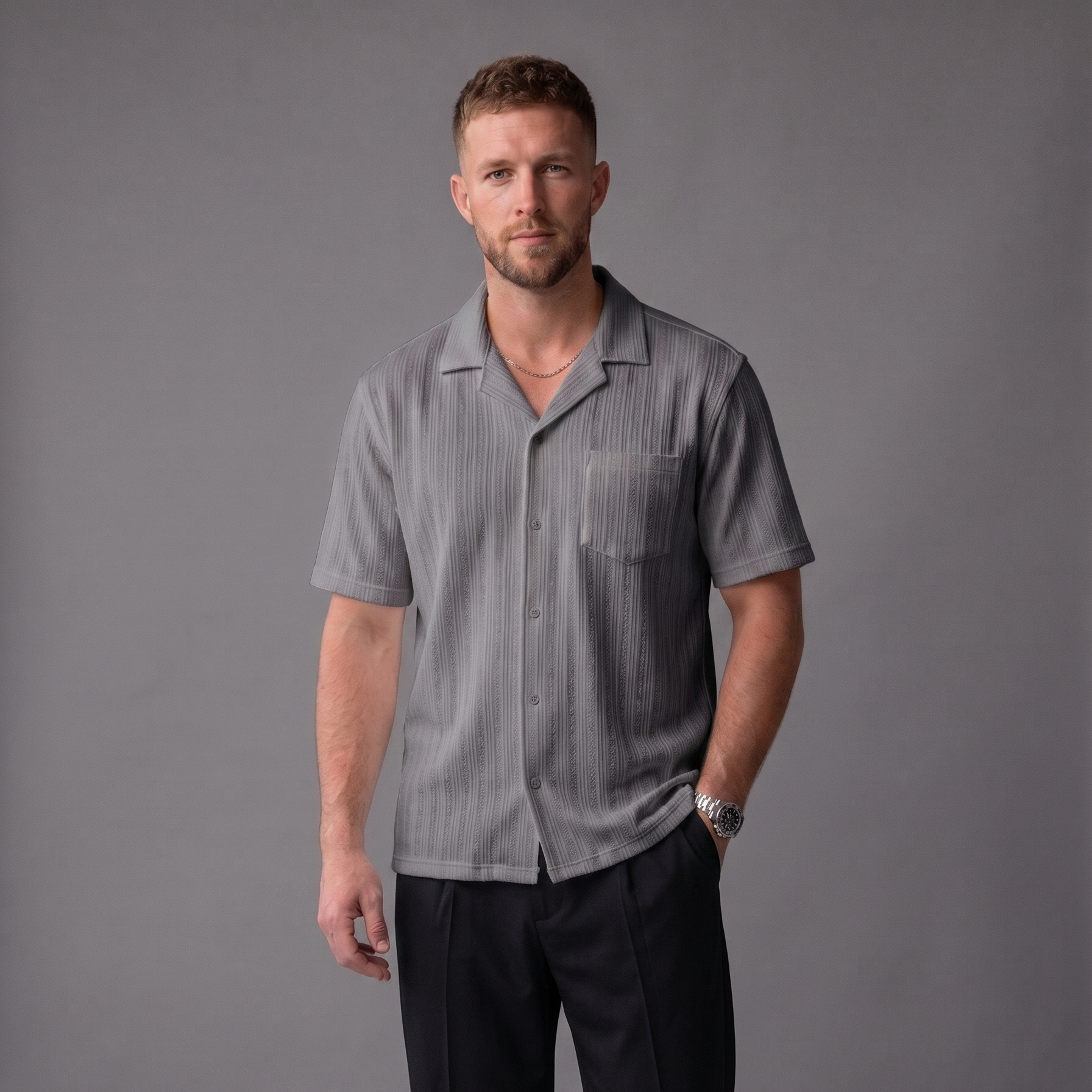 ZARA Oversized Textured Cuban Button Down - GREY