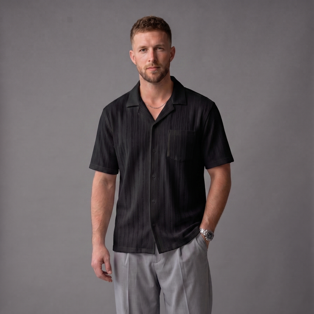 ZARA Oversized Textured Cuban Button Down - BLACK