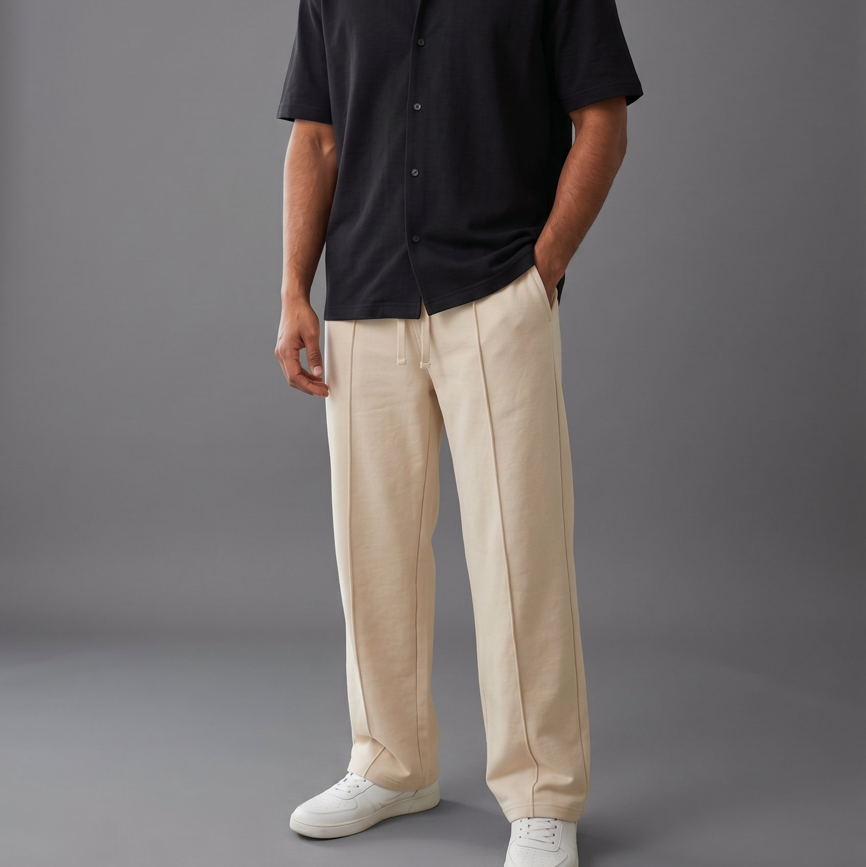 BERSHKA Baggy Trouser - BEIGE
